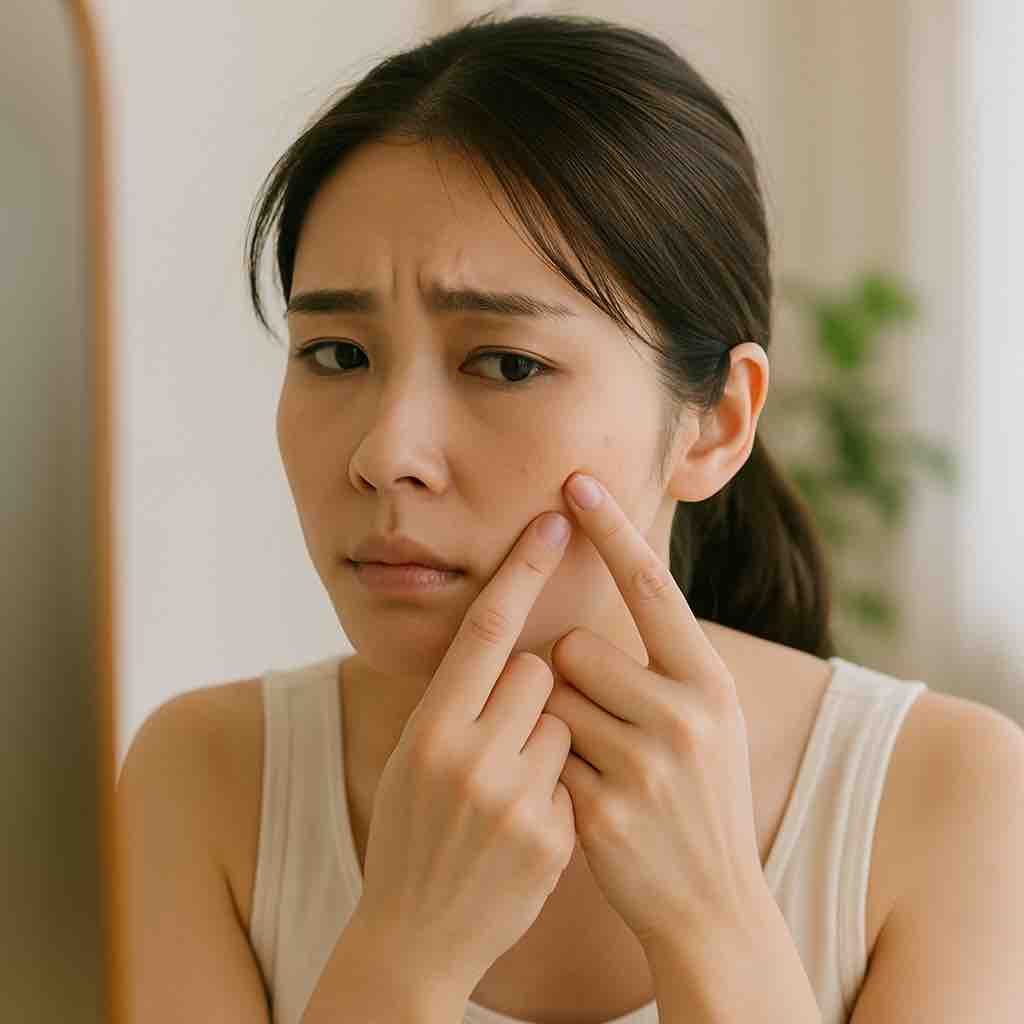 ニキビができそうか悩んでいる日本人女性の画像